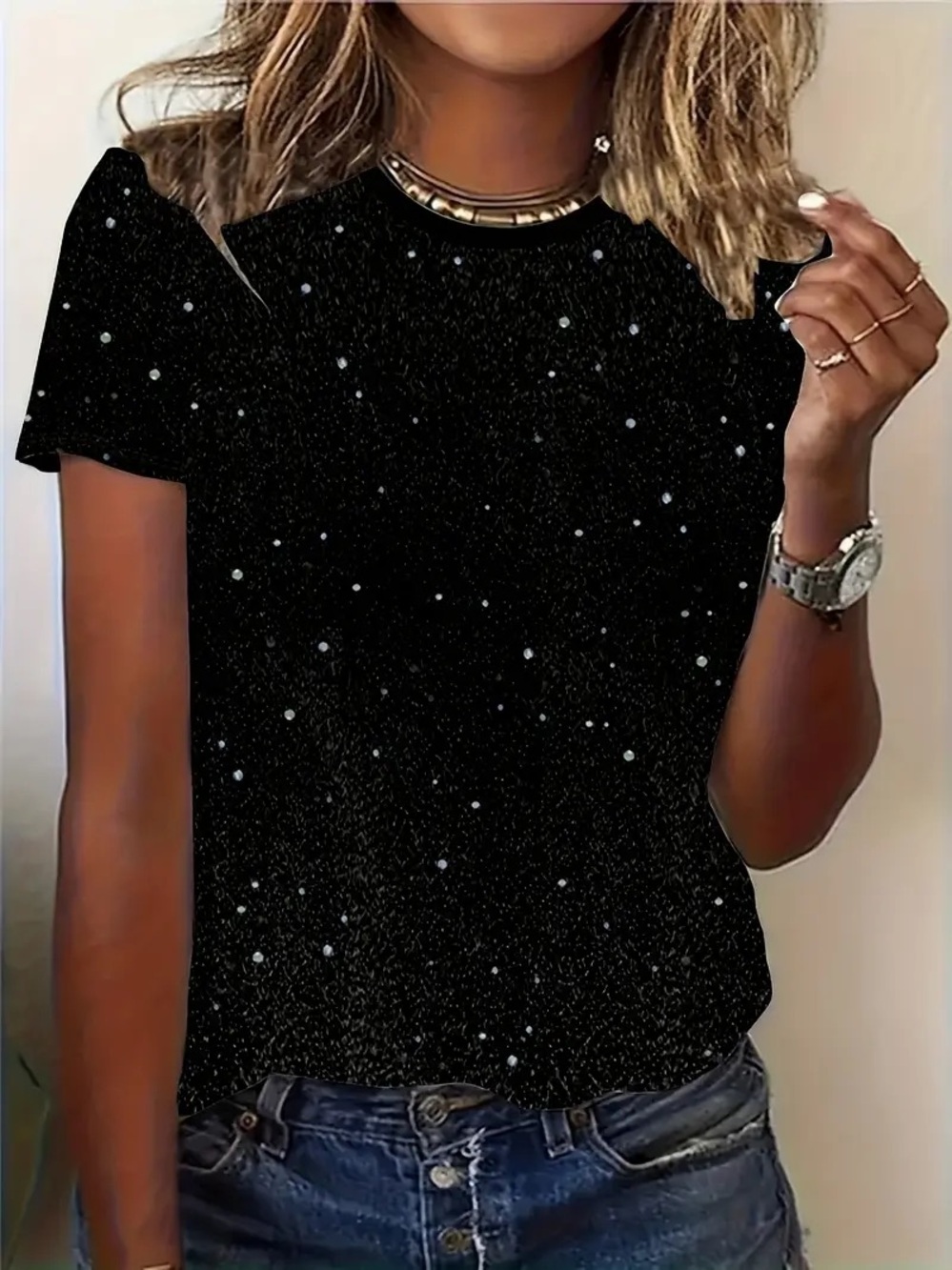 A.n.a. Women's Black & Gold Sparkle Short-Sleeve Tee Size M